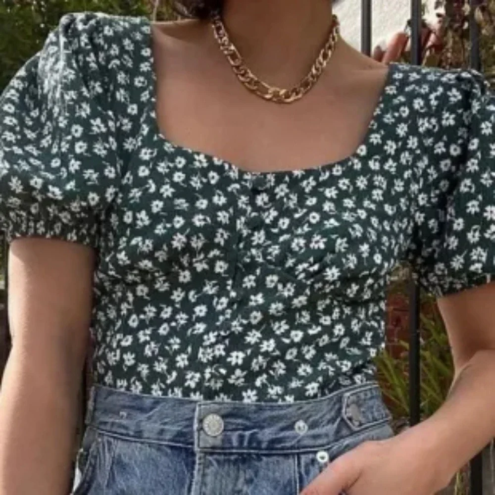 Free People | Daisy Chain Milkmaid Puff Sleeve Crop Top‎ in Green | Small